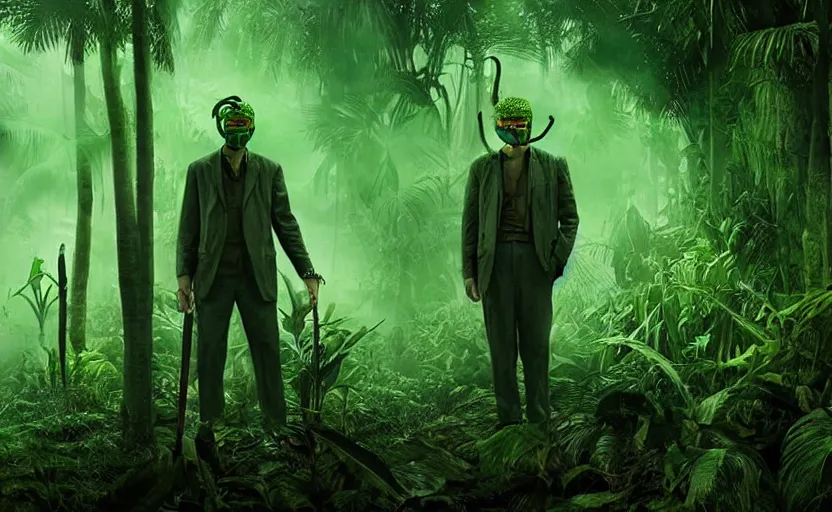 Prompt: snake oil saleman demigod with neon green mask in a swampy jungle landscape, visible sky and humid atmosphere, the salesman's dream by alejandro jodorowsky and denis villeneuve, kodakchrome, cinematic composition, practical effects, 8 k