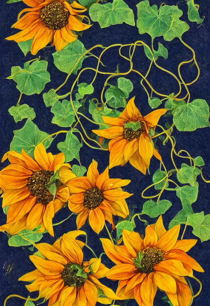 Image similar to contest winner, fine artwork about sunflower and falling nasturtiums with vines