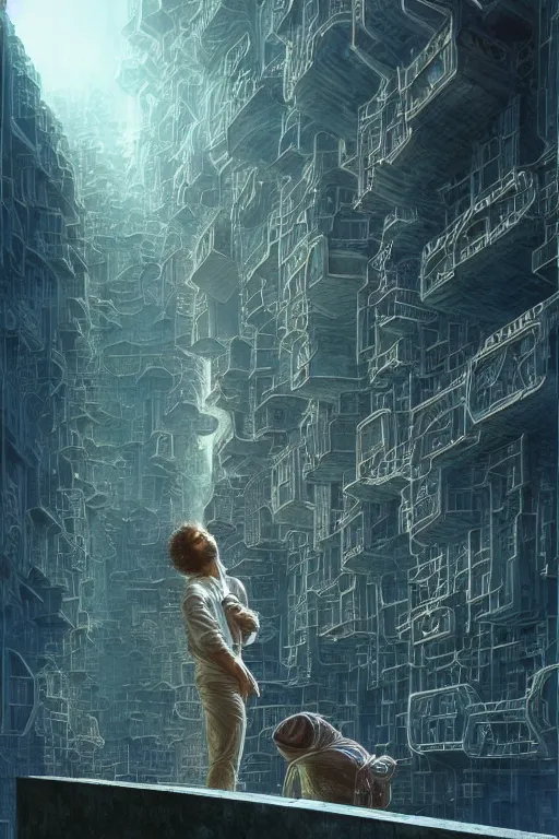 Image similar to a curly - haired persian guy begging to get into a futuristic building by david a hardy, noriyoshi ohrai, gary ruddell, ( greg rutkowski ), salvador dali, moebius, makoto shinkai, highly detailed, cinematic composition, trending on artstation