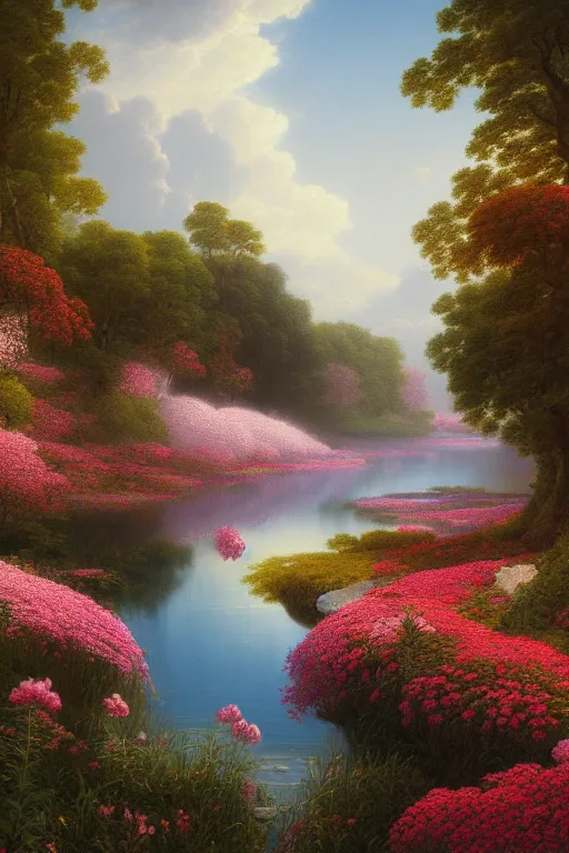 Image similar to a beautiful digital illustration painting river among the flowers by benoit b. mandelbrot, steven belledin, martin johnson heade, lee madgwick, caspar david friedrich, and david rios ferreira. 8 k resolution trending on artstation concept art digital illustration