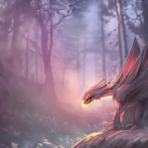 Image similar to cute anime dragon in cold forest, dnd character, background focus, fantasy, lizard legs, magic, realistic textured skin, big lizard head, eagle feather, eagle wings, glowing eyes, clear clean, byartgem, boris valejo, alexandra fomina artstation, by makoto shinkai, digital painting, beautiful