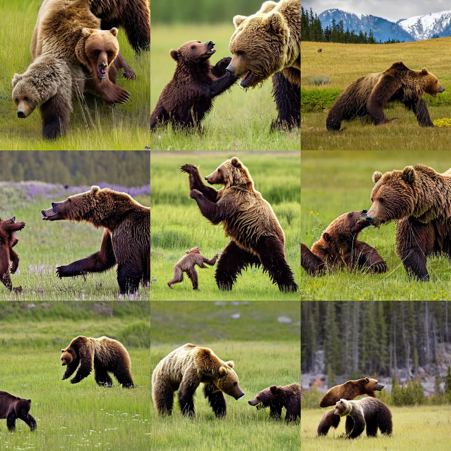 Prompt: detailed photo of a human sized spider fighting a grizzly bear in a meadow,