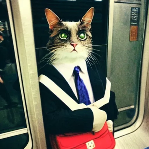 Image similar to “ angry cat wearing a suit riding the subway in new york city, studio ghibli, spirited away, princess mononoke, anime style, by hayao miyazaki ”