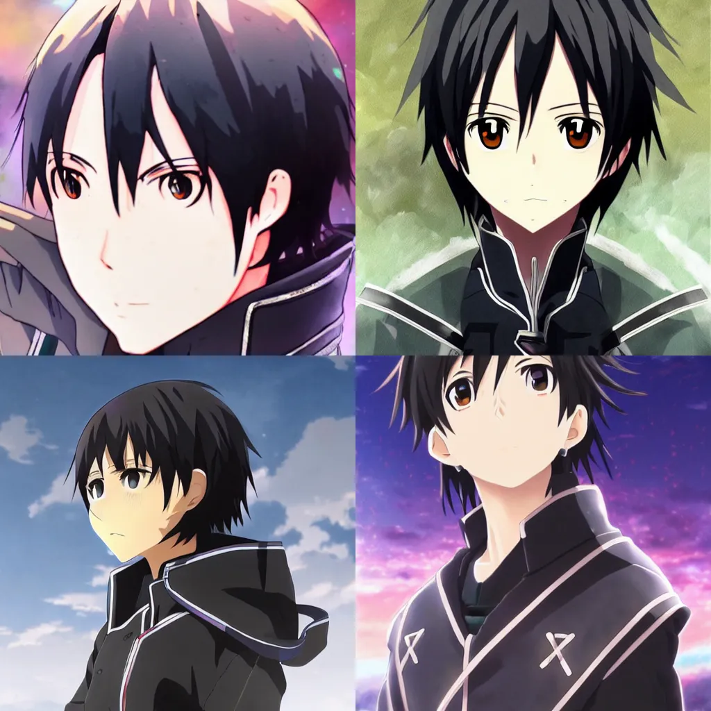 Prompt: a masterpiece anime portrait of Kirito from Sword Art Online, trending on artstation, by ghibli, manga, quantum tracerwave