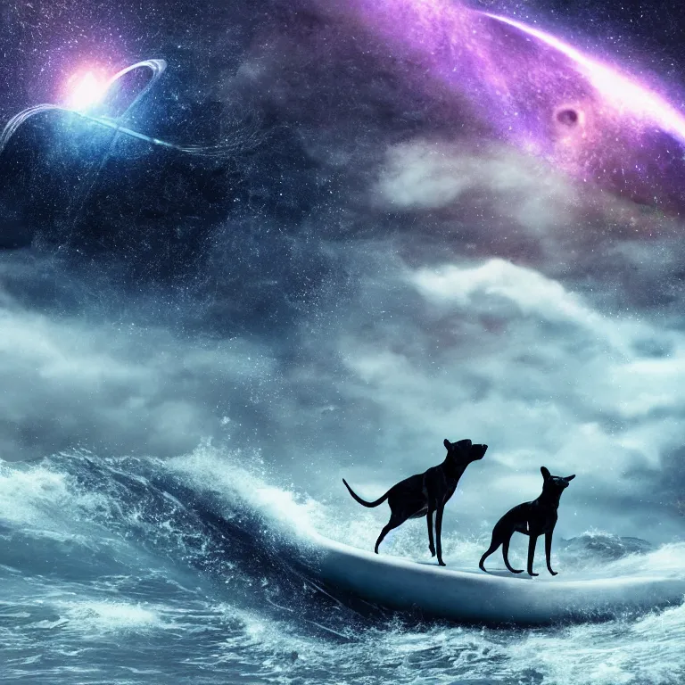 Prompt: photo of a skinny dark gray coat pit bull with a white paws and a white nose!, surfing on a surfboard in a crashing wave of alien galaxy, trending on art station, ocean in space, background is an alien galaxy, aliens in the background, alien colors, octane render, unreal engine, wide view, 8 k, highly detailed