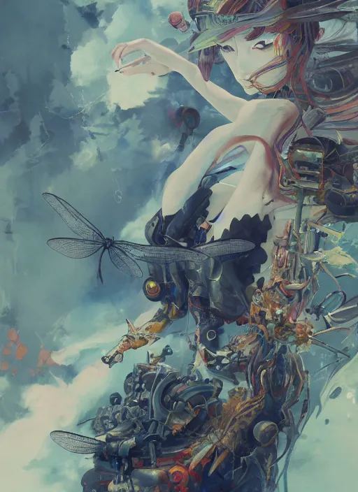 Image similar to surreal gouache painting, by yoshitaka amano, by ruan jia, by Conrad roset, by good smile company, detailed anime 3d render of a magical Dragonfly flying on a DJ mixer, portrait, cgsociety, artstation, rococo mechanical and electronic, dieselpunk atmosphere
