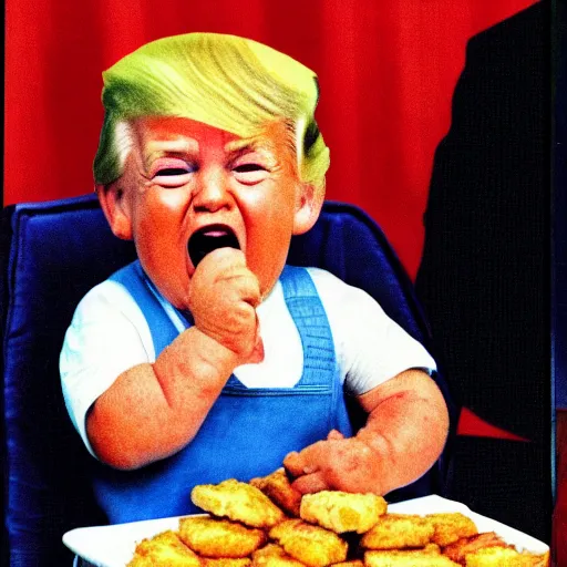 Prompt: Donald trump as a man baby crying, sitting in a high chair, because his mom is with holding a plate chicken nuggets, mannerism,