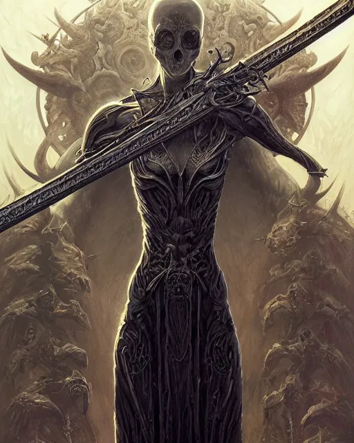 Image similar to The last enemy that shall be destroyed is death, full body image, artwork by artgerm, Luminism, Behance HD, broad sword, D&D, extraordinary phenomenon, fantasy, intricately detailed, elegant, digital painting, smooth, sharp focus, art by Greg Rutkowski, art by Ruth Asawa, art by Tim Burton, art by Ted Nasmith, art by H.R. Giger