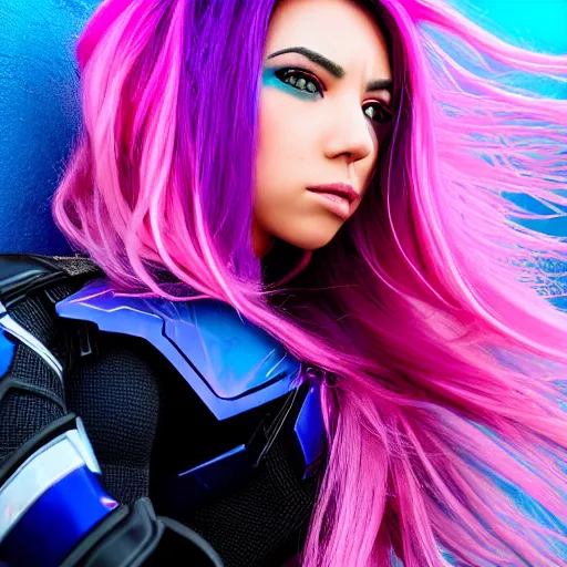 Prompt: a stunning upper body portrait of a beautiful woman with a ombre purple pink hairstyle with hair blowing in the wind wearing futuristic navy blue and teal battle bodyarmor and pauldrons by marvel comics, outrun, vaporware, action photography, movement, high shutter speed, highly detailed, fine detail, intricate, digital art, trending on artstation