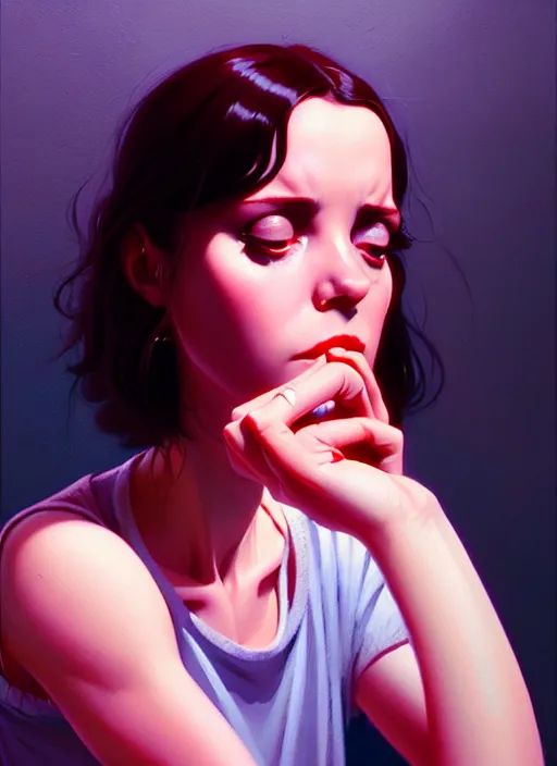 Prompt: a portrait film still of a depressed actress from a 1 9 7 0 s italian pulp fiction film looking seriously and the camera lense. by stephen bliss, greg rutkowski, loish, rhads, makoto shinkai and lois van baarle, ilya kuvshinov, rossdraws, global illumination, ultra ornate detail, imax