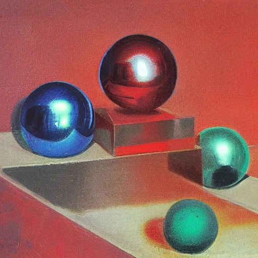 Prompt: chrome spheres on a red cube by august malmstrom