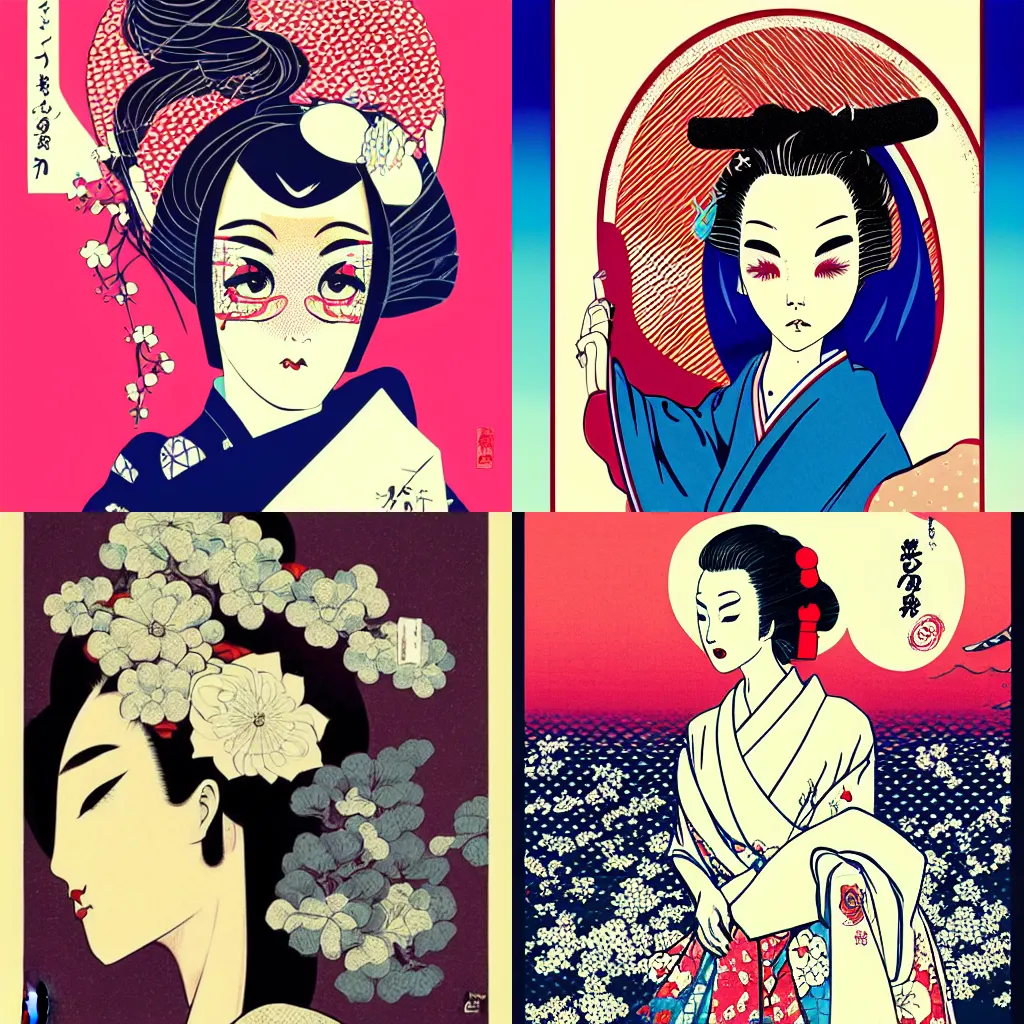 Prompt: beautiful vogue geisha by hokusai, hikari shimoda, shinsui ito, classic shoujo, in the style of 6 0's pop art, fantastic planet, risograph, minimalist poster art, screen print texture, gothic, retrofuturism, icon, skull