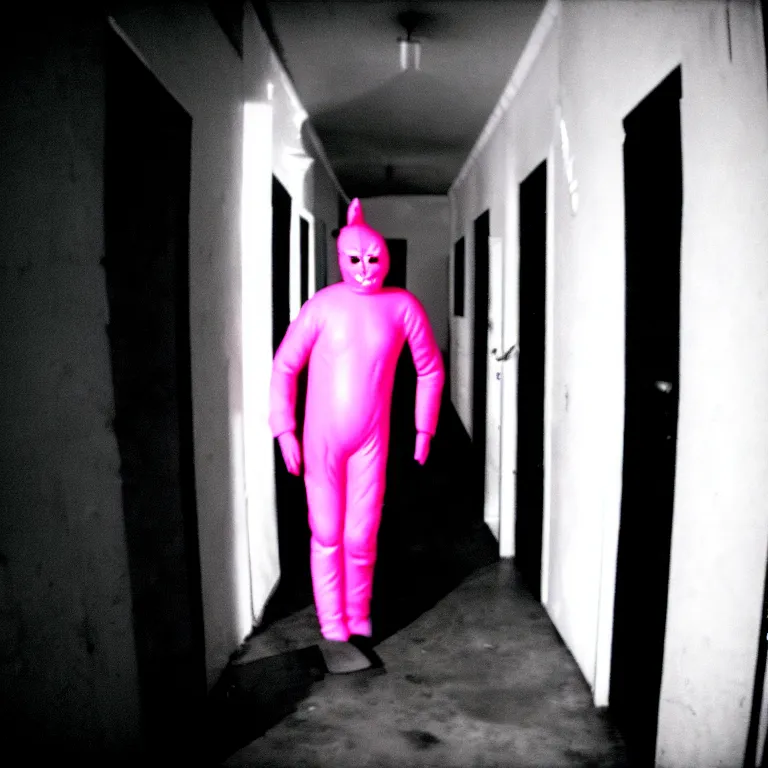 Prompt: a nightmare where a man in a pink morphsuit chases you down a black & white dark hallway, horror, creepy, 3 5 mm, film shot, found footage, scary
