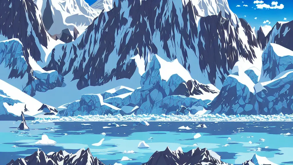 Prompt: beautiful antarctica landscape scenery by miyazaki, anime poster, cel shaded