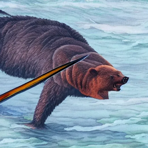 Prompt: a fish having a sword fight with a bear