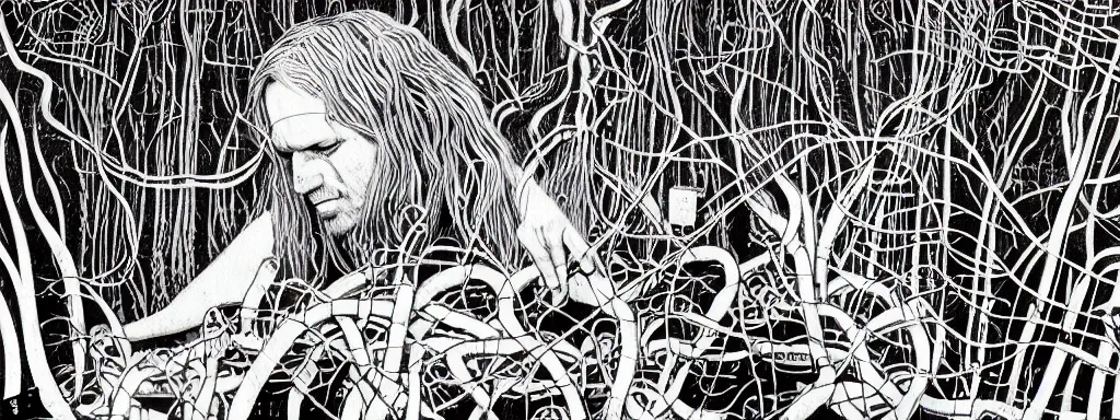 Prompt: a grunge technogaianist long-haired blonde digital musician playing modular synthesizer in the forest, technology and nature swirling in harmony, plugging vines into the synthesizer, trees swaying to the beat, postmodern surrealist concert poster, grainy poster art, hand drawn matte painting by Tara McPherson and Gary Houston, smooth, sharp focus, extremely detailed, 35mm.