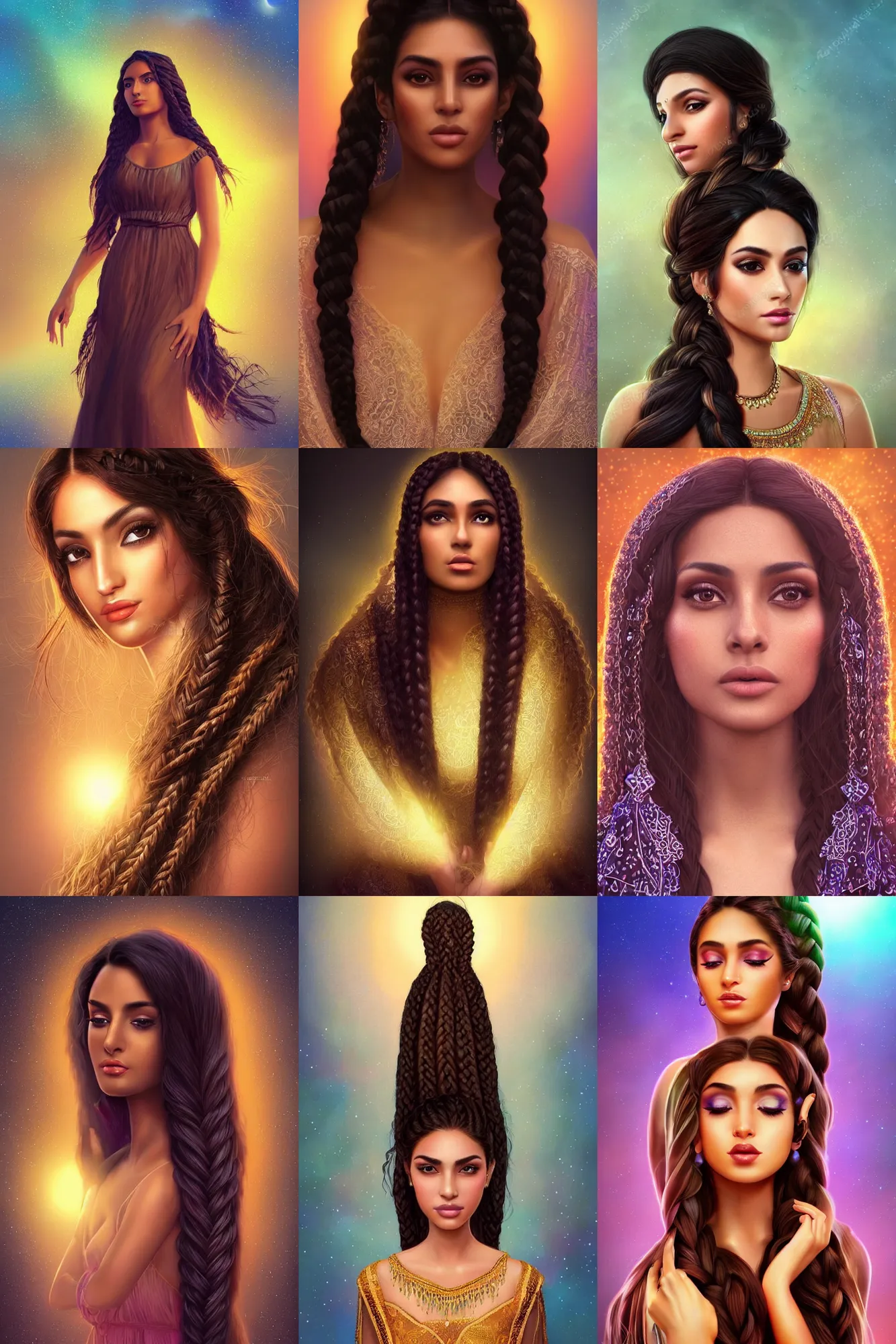 Prompt: beautiful iranian woman, brown skin. light makeup, long black hair in a braid. beautiful simple dress. ethereal, dreamy, backlit, highly detailed, realistic lighting, sharp focus, by lisa frank, james gurney, 8 k resolution trending on artstation concept art digital illustration