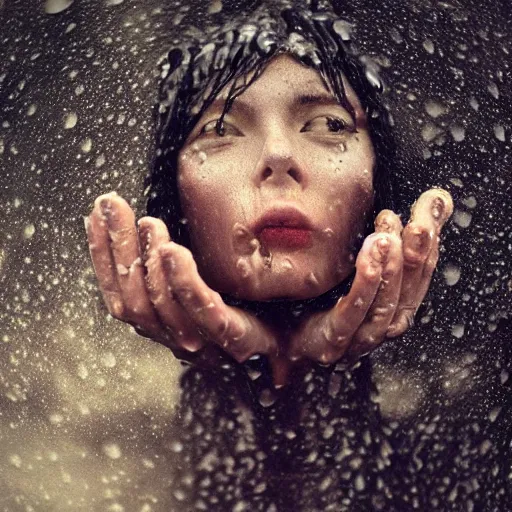 Image similar to Gorgeous primitive woman with a ginormous rock overhead, holding her hands out to the camera, in a rainy environment, fisheye!!!!! lens!!!!!, rainy and wet atmosphere, closeup, dark and grim lighting, trending on artstation, 4k, 8k