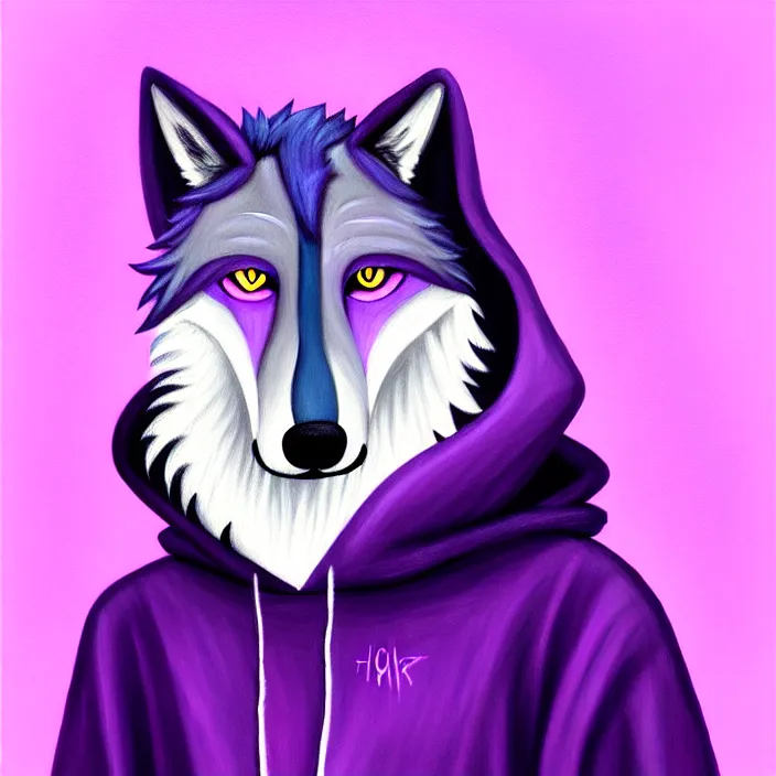 Image similar to a painting of a purple anthropomorphic male wolf fursona wearing a hoodie, furry art, oil on canvas, soft lighting, goatee, cute