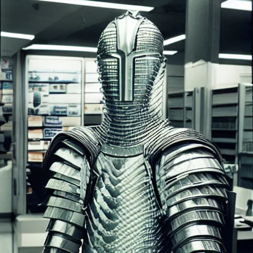 Image similar to a paladin wearing issey miyake armor in a computer shop, portrait, fashion photography, by mario testino, davide sorrenti, jemal shabazz