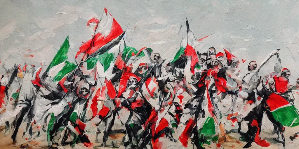 Image similar to dramatic painting of freedom for palestine, red green white black