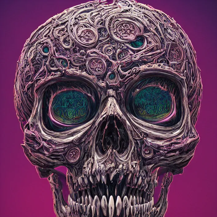 Image similar to portrait of a psychedelic skull. razor sharp teeth. infected with zombie virus. intricate abstract. intricate artwork. nightmare fuel. by Tooth Wu, wlop, beeple, dan mumford. octane render, trending on artstation, greg rutkowski very coherent symmetrical artwork. cinematic, hyper realism, high detail, octane render, 8k, iridescent accents