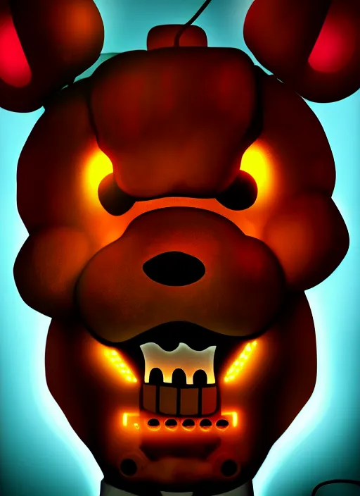 Image similar to portrait of freddy fazbear, glowing lights, highly detailed, digital painting, artstation, concept art, sharp focus, illustration