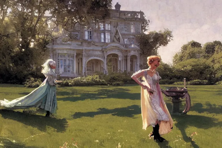 Image similar to pulp scifi illustration, woman on expansive lawn of distant english stately home, by norman rockwell, morgan weistling, john berkey, earle bergey, craig mullins, ruan jia, chris foss, jeremy mann, tom lovell, tyler edlin, wadim kashin