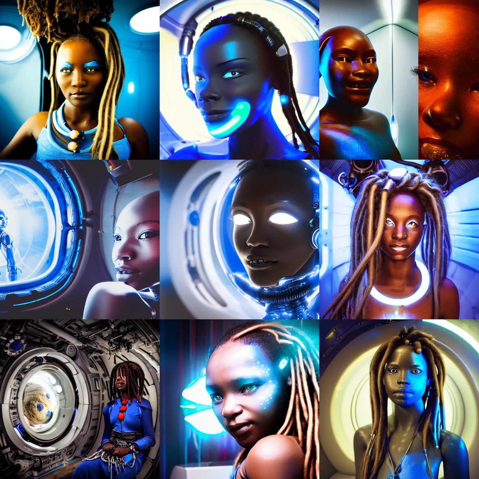 Prompt: beautiful futuristic himba woman smirking inside a spaceship, glowing white mechanical eye, robotic prosthetic arm, blue glass dreadlocks, hyperrealistic, sci - fi, dramatic lighting, intricate, soft focus