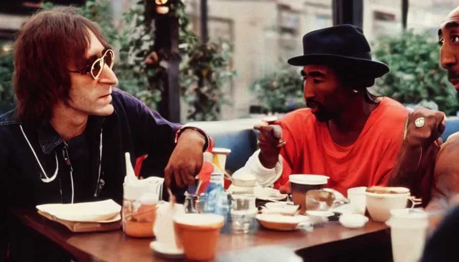 Prompt: candid 35mm photo of John Lennon and Tupac Shakur hanging out at a cafe in 2022