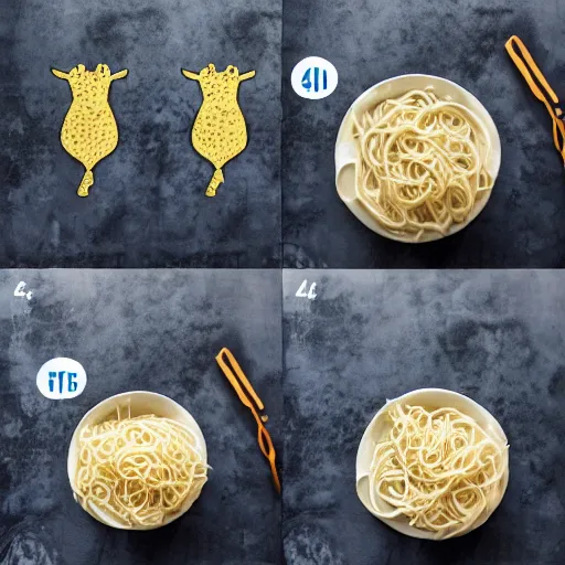 Image similar to making of an edible giraffe from noodles and rice in 4 steps, from the beautiful'how to make food art step by step collection ', dslr