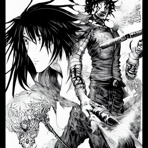 Prompt: pen and ink!!!! attractive 22 year old DnD mage Gantz monochrome!!!! Frank Zappa x Daniel Radcliff highly detailed manga Vagabond!!!! telepathic floating magic swordsman!!!! glides through a beautiful!!!!!!! battlefield magic the gathering dramatic esoteric!!!!!! pen and ink!!!!! illustrated in high detail!!!!!!!! graphic novel!!!!!!!!! by Hiroya Oku!!!!!!!!! MTG!!! award winning!!!! full closeup portrait!!!!! action manga panel