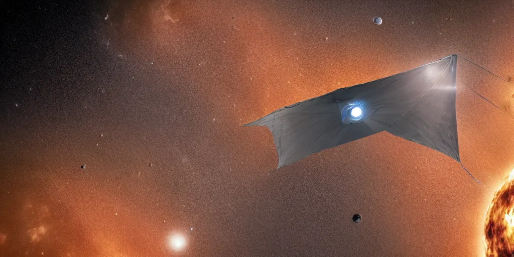 Image similar to close up of a futuristic huge (solar light sail) probe entering a solar system carrying a dead alien. The probe is from an isolated star in a thick dust cloud, highly detailed, desolate, cinematic, UE5, 8K, 4K