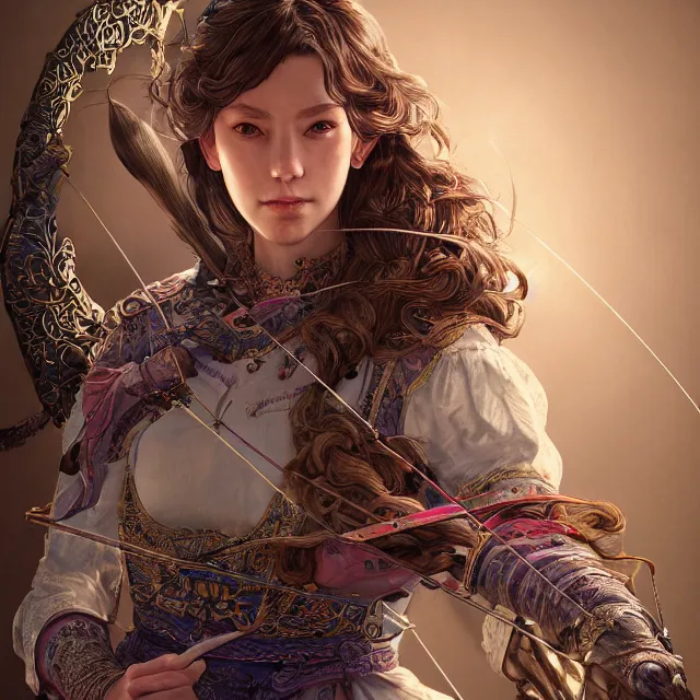 Image similar to the portrait of lawful neutral semi - colorful female archer huntress as absurdly beautiful, gorgeous, elegant, young woman, an ultrafine hyperdetailed illustration by kim jung gi, irakli nadar, intricate linework, bright colors, octopath traveler, final fantasy, unreal engine 5 highly rendered, global illumination, radiant light, detailed and intricate environment