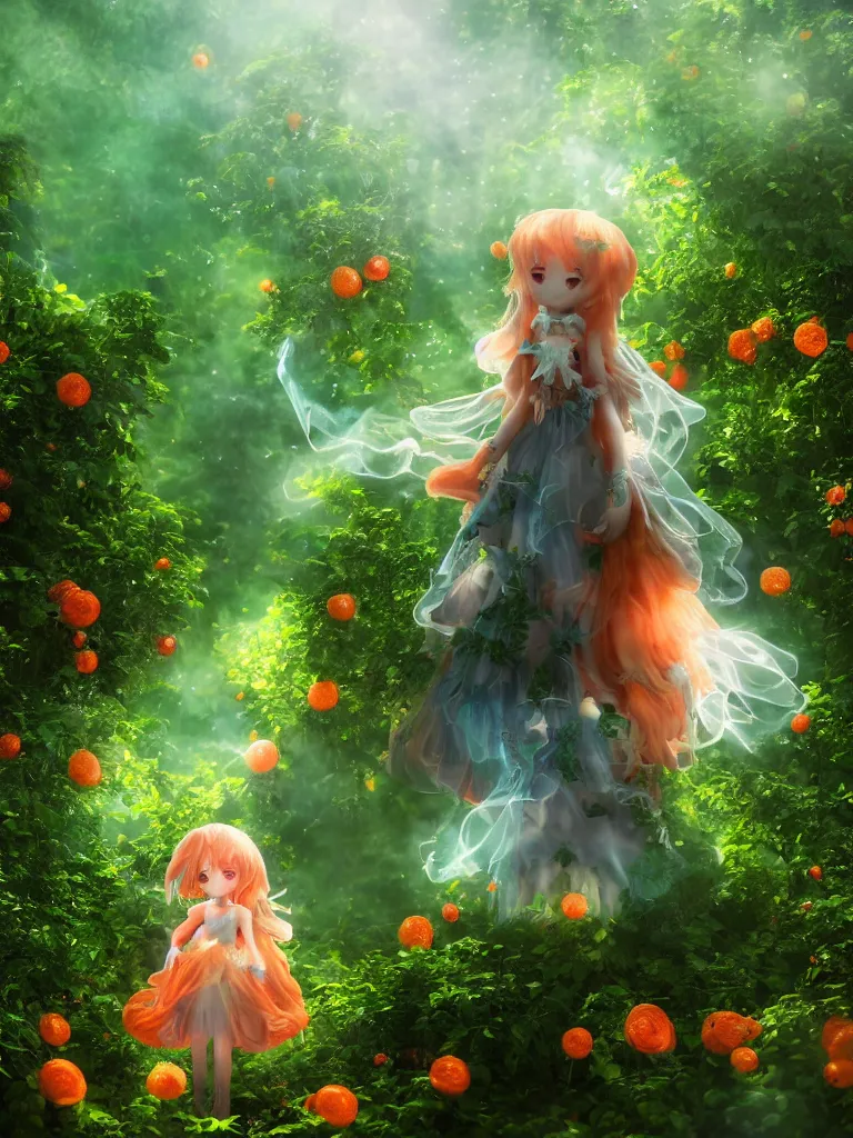 Image similar to cute fumo plush girl among vines in the middle of a lush rose garden, glowing ethereal gothic magical wraith fairy girl, tattered green dress, smoke and orange volumetric fog, blue sky sunshine and cloudless lens flare, bokeh, vray