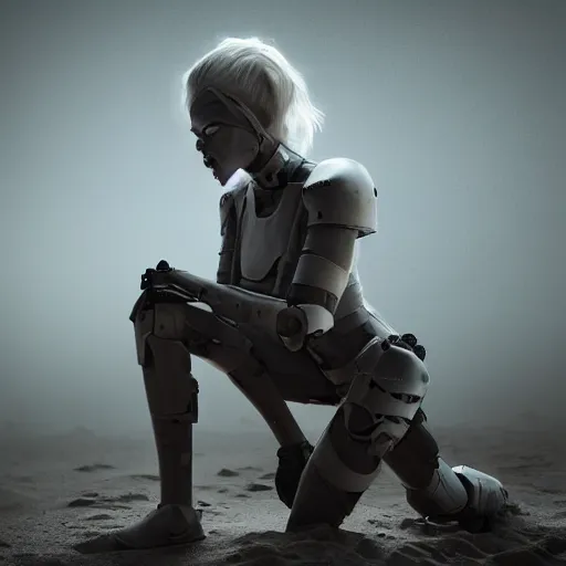 Image similar to beautiful tall female cyborg, brilliant short white hair, glowing white eyes, wearing brutalist industrial military body armor, kneeling over a human skull half buried in the sand,dynamic dramatic dark moody lighting,shadows,cinematic atmosphere,Artstation, hyperrealistic 3D digital art,Octane render,8K 4K UHD image