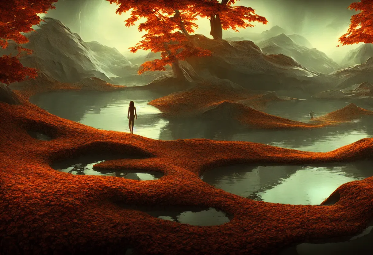 Image similar to inside of alien autumn lake landscape of human mind and imagination, matte painting, beautiful render, octane render, concept art