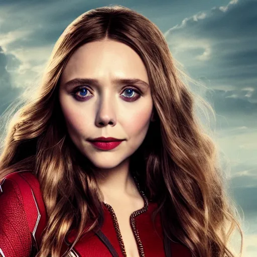 Image similar to Elizabeth Olsen as Scarlet Witch, head and shoulders portrait, extremely detailed masterpiece, one single continues line.