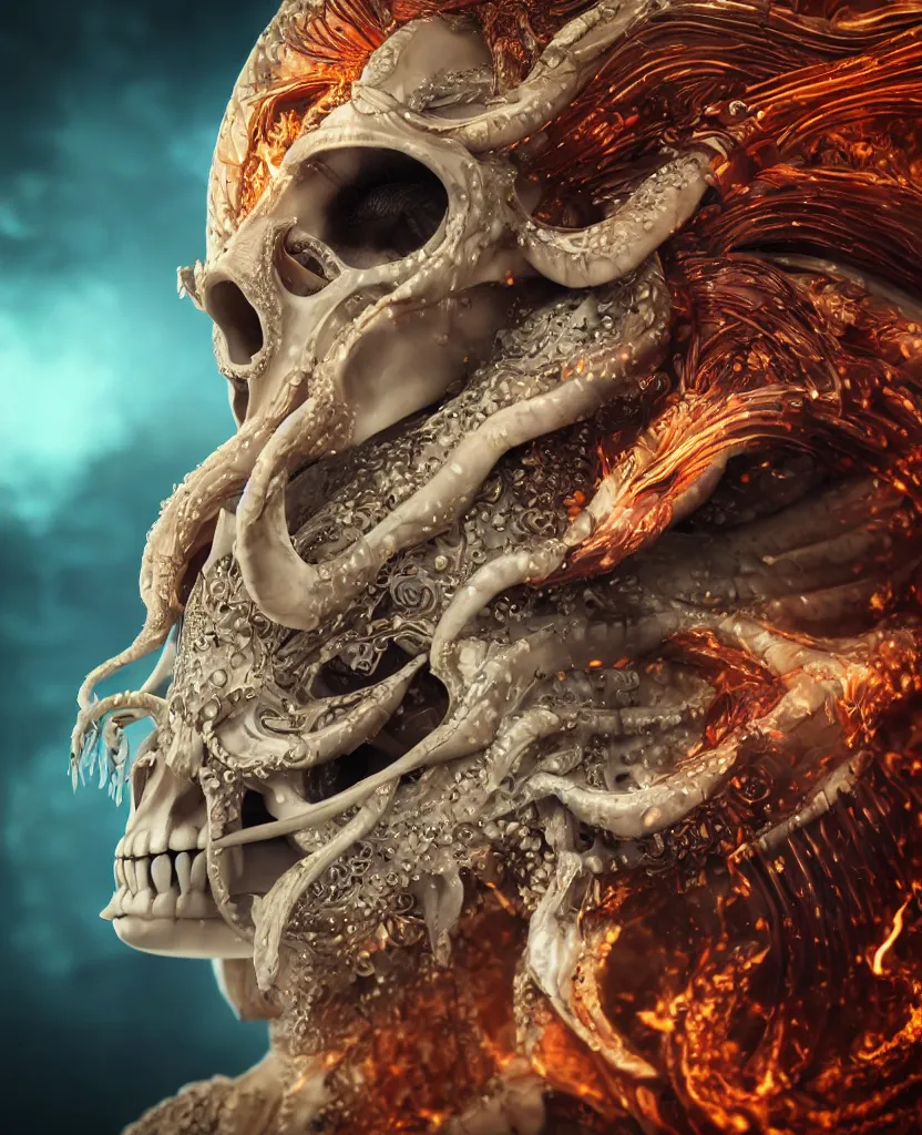 Image similar to close-up macro portrait of the face of a beautiful princess with animal skull mask, epic angle and pose, symmetrical artwork, 3d with depth of field, blurred background, cybernetic jellyfish female face skull phoenix bird, translucent, nautilus, energy flows of water and fire. a highly detailed epic cinematic concept art CG render. made in Maya, Blender and Photoshop, octane render, excellent composition, cinematic dystopian brutalist atmosphere, dynamic dramatic cinematic lighting, aesthetic, very inspirational, arthouse. y Greg Rutkowski, Ilya Kuvshinov, WLOP, Stanley Artgerm Lau, Ruan Jia and Fenghua Zhong