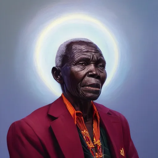 Prompt: a painting of a wise elder from Kenya in a suit by Kehinde Wiley . dramatic angle, ethereal lights, details, smooth, sharp focus, illustration, realistic, cinematic, artstation, award winning, rgb , unreal engine, octane render, cinematic light, macro, depth of field, blur, red light and clouds from the back, highly detailed epic cinematic concept art CG render made in Maya, Blender and Photoshop, octane render, excellent composition, dynamic dramatic cinematic lighting, aesthetic, very inspirational, arthouse.