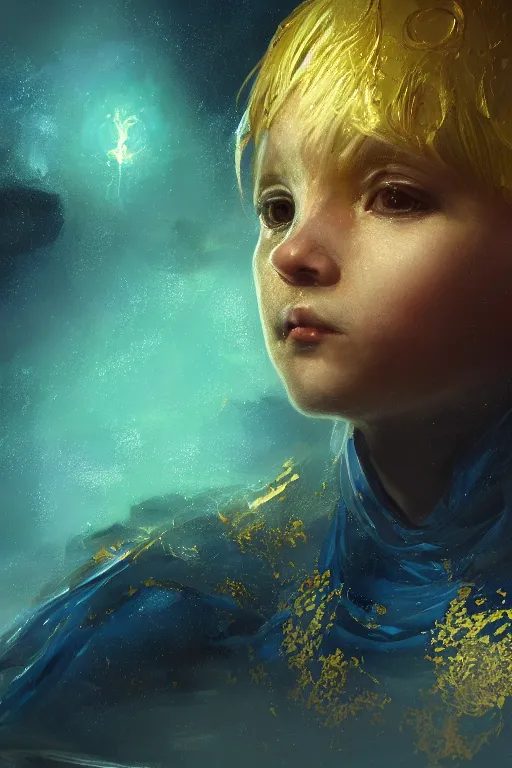 Image similar to a fancy portrait of a small golden celestial child in a blue and green portal, by greg rutkowski, sung choi, mitchell mohrhauser, maciej kuciara, johnson ting, maxim verehin, peter konig, bloodborne, 8 k photorealistic, cinematic lighting, hd, high details, dramatic, dark atmosphere, trending on artstation