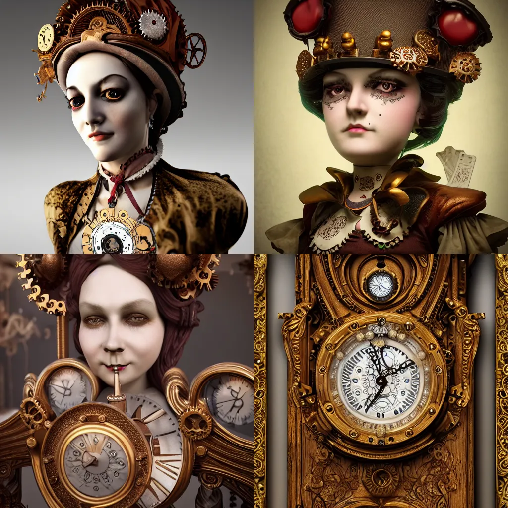 Prompt: beautiful ornate clockwork maid with a cracked porcelain face, steampunk, gears, ultra detailed, portrait, realistic, octane render, shallow depth of field, 8k