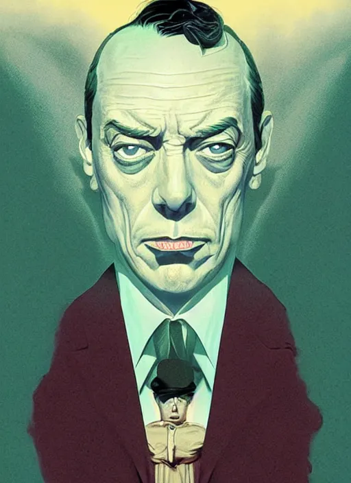 Prompt: poster artwork by Michael Whelan and Tomer Hanuka, Karol Bak Major Buster Keaton, from scene from Twin Peaks, clean