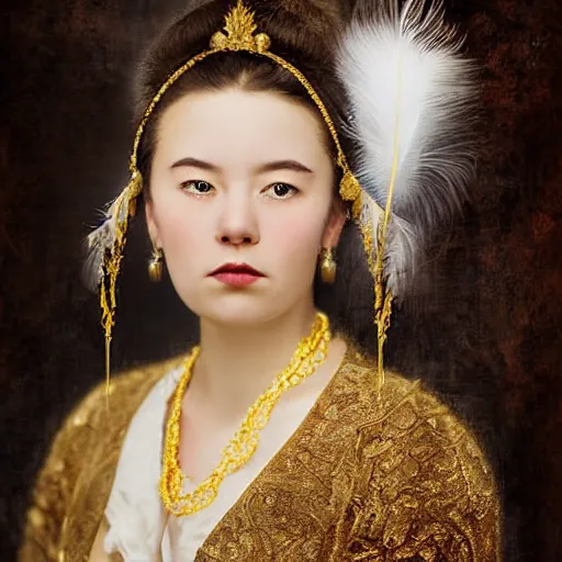 Image similar to a wide full shot, russian and japanese mix 1 9 0 0 s historical fantasy of a photograph portrait taken of a royal gold leaf tiara with intertwined white feathers, photographic portrait, warm lighting, from an official photographer from the royal museum. displayed in a museum.