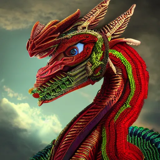 Prompt: a quetzalcoatl, trending on artstation, highly detailed, 8k, beautiful, dynamic lighting, detailed face, ornate armor, crochet skin