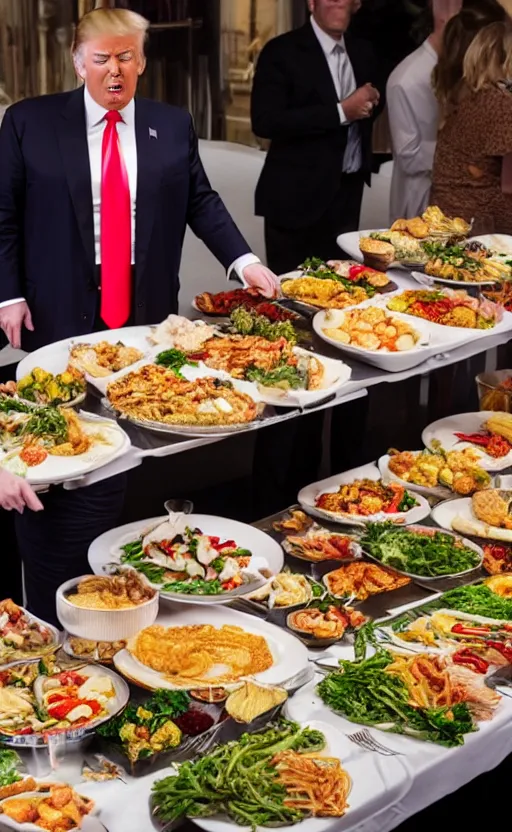 Image similar to donald trump as the main dish on the buffet for 1 0 0 people, photo, realistic, photorealistic, detailed, high quality, high resolution, 8 k, hdr, 8 k resolution, 8 k quality