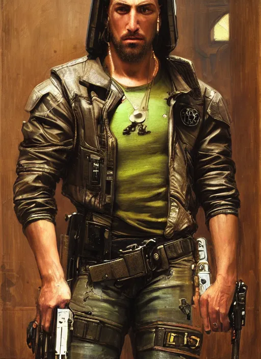 Prompt: big mike. cyberpunk Thug wearing a military vest and combat gear. (Cyberpunk 2077, bladerunner 2049). Round face. Iranian orientalist portrait by john william waterhouse and Edwin Longsden Long and Theodore Ralli and Nasreddine Dinet, oil on canvas. Cinematic, hyper realism, realistic proportions, dramatic lighting, high detail 4k
