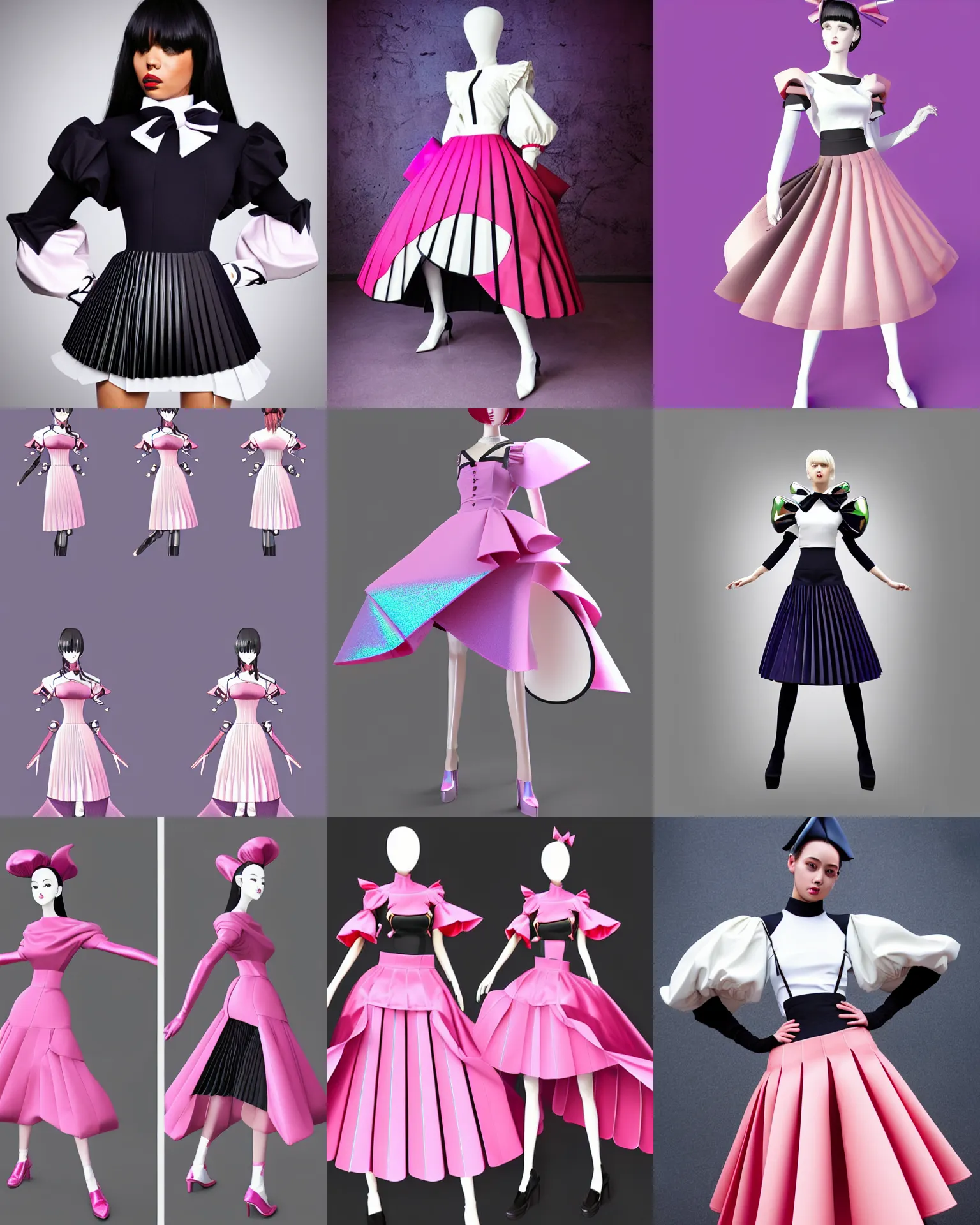 Prompt: designer magical girl stylized collection ball shaped accordion sleeve haute couture, sailor uniform, midi skirt, coat pleats, synthetic curves striking pose, dynamic folds, cute huge pockets hardware, volume flutter, youthful, modeled by modern designer bust, body fit, award fashion, holographic tones, expert composition, high detail, professional retouch, editorial photography