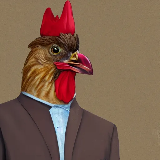 Image similar to a high detail shot of a chicken wearing a suit, realism, 8k