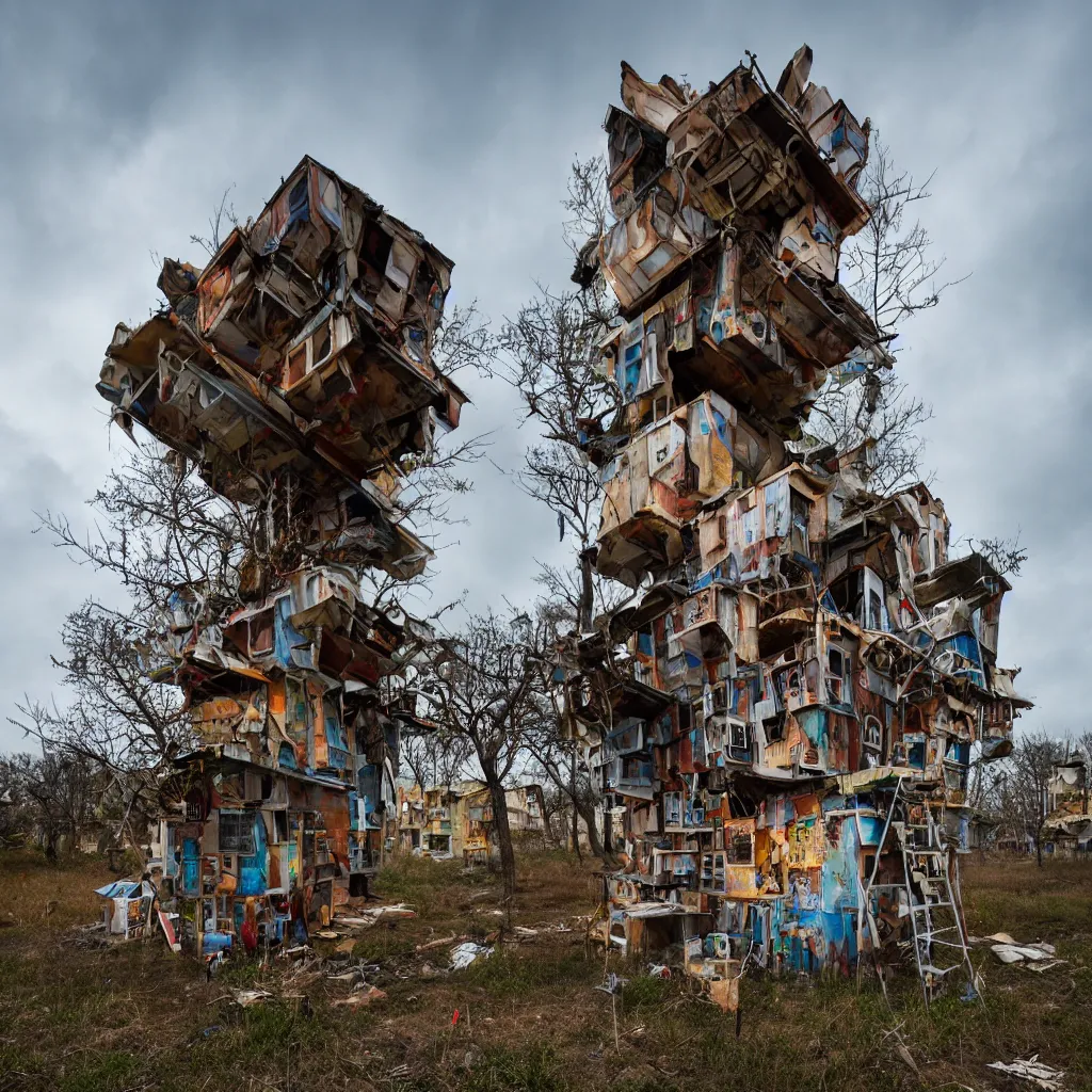 Prompt: a tower made up of makeshift squatter shacks, dystopia, sony a 7 r 3, f 1 1, fully frontal view, photographed by david lachapelle and jeanette hagglund, ultra detailed,